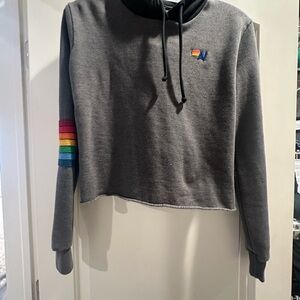 Aviator Nation Gray Hoodie with Rainbow Sleeve